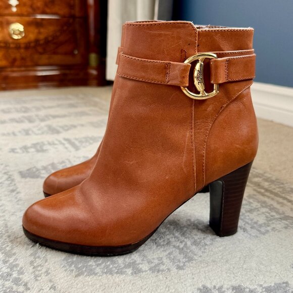 Lauren Ralph Lauren Tan Leather Mandy Heeled Ankle Boots - Picture 2 of 15